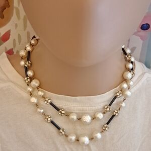Vintage White Pearl, Black Bead, Crystal Ball Bead, & Gold Multistrand Necklace